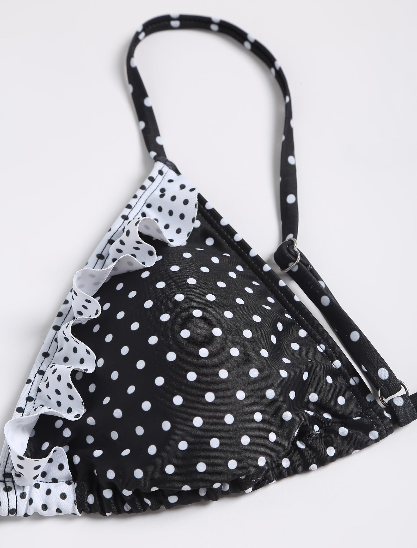 Women's Triangle Bikini Lace Frilled Ruffles Gingham Print Tie Side Spaghetti Strap 2 Pieces Bikini Swimsuit