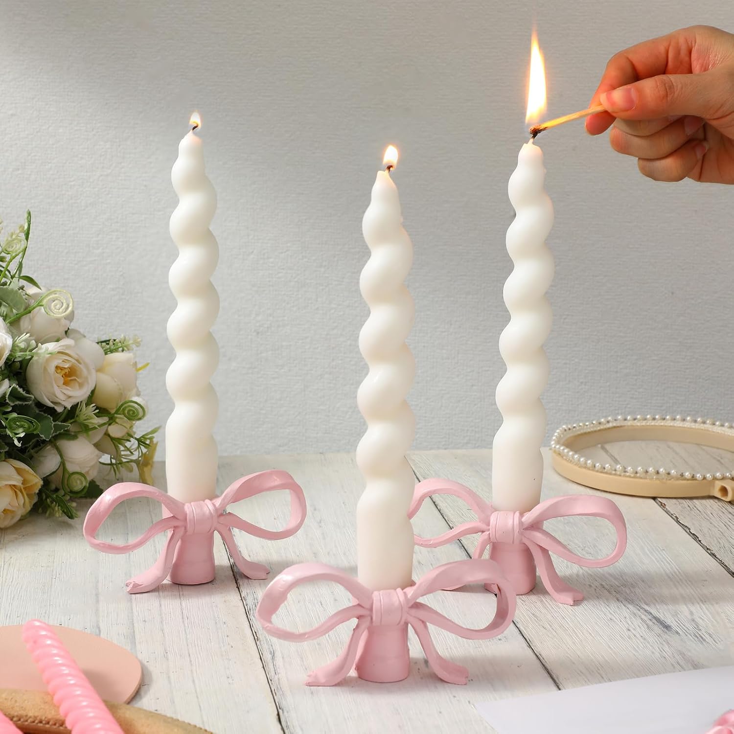 3 Pcs Pink Bow Candle Holder Coquette Bow Taper Candlestick Holder Modern Style Resin Decorative Candle Stand Centerpiece