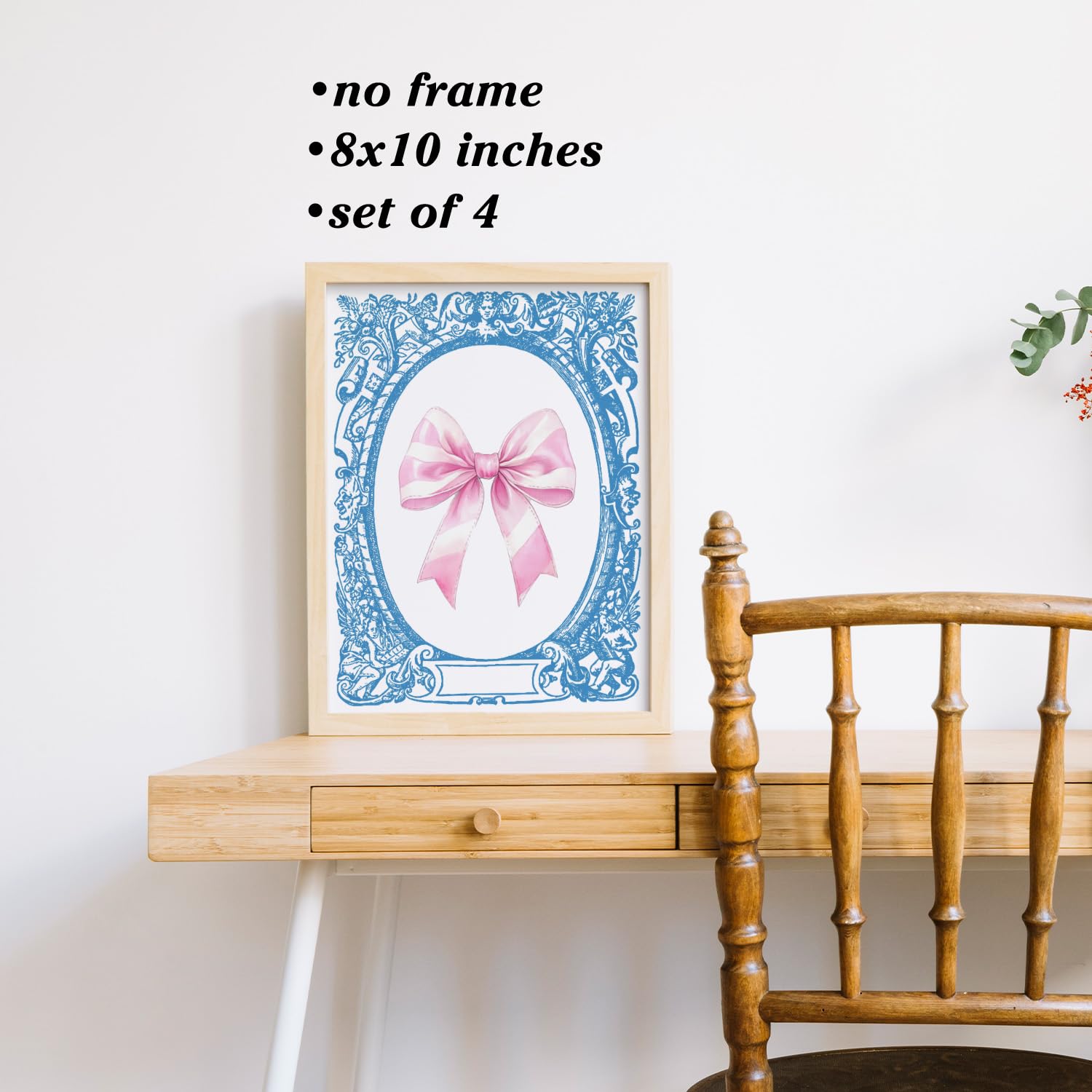 Porcelain Chinoiserie Posters Bow Wall Prints Unframed, 8x10 Blue Print Set Of 4, Pink Bow Coquette Room Decor