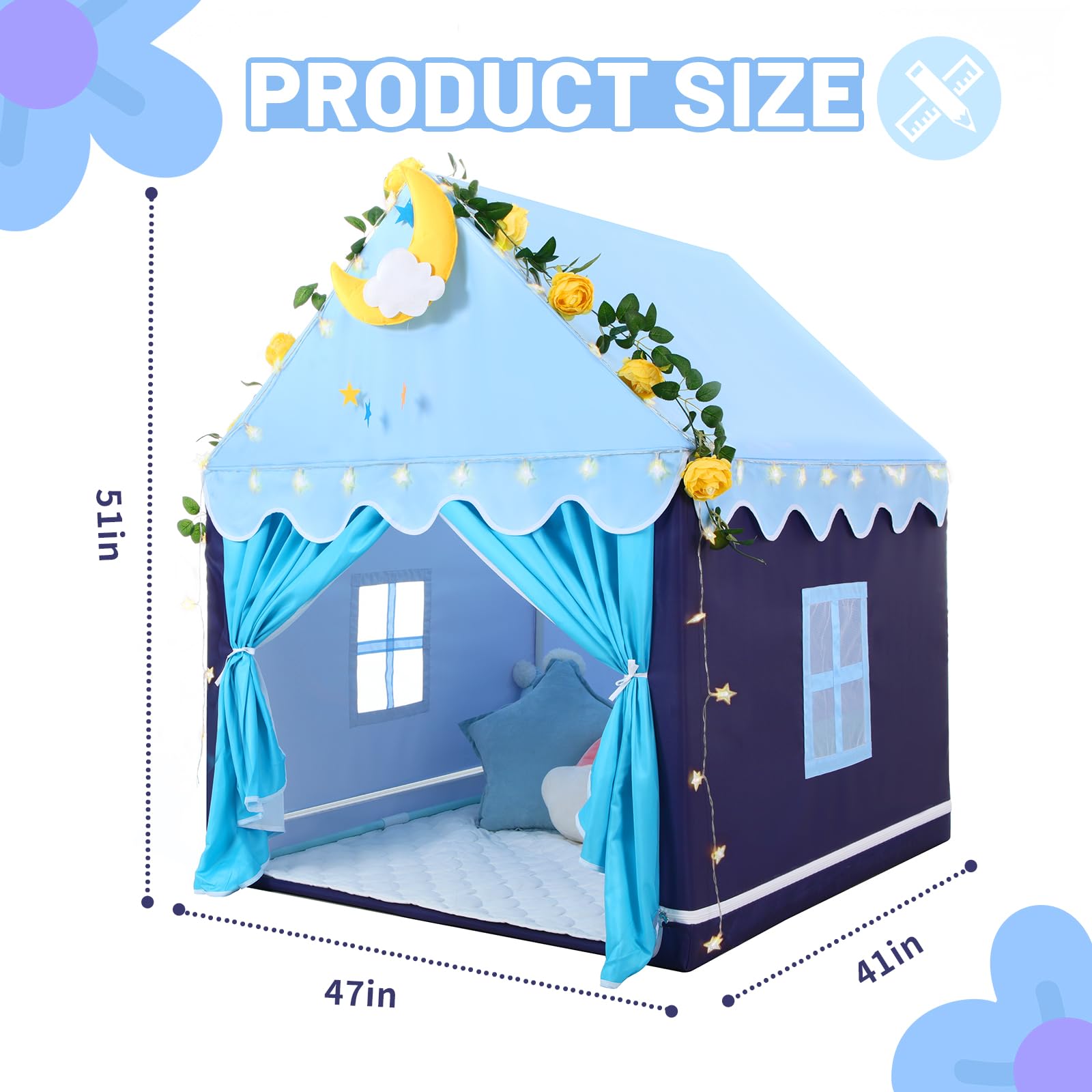 Kid Tent with Mat, Star Lights - Kids Play Tents for Toddlers Kids Tents Indoor Playhouse - Princess Tent for Girls Toy House