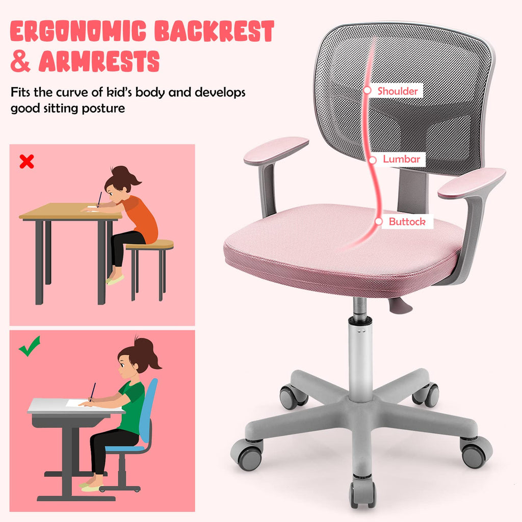 Swivel Adjustable Mesh Study Chair with Wheels & Arms, Ergonomic Computer Task Chair with Lumbar Support