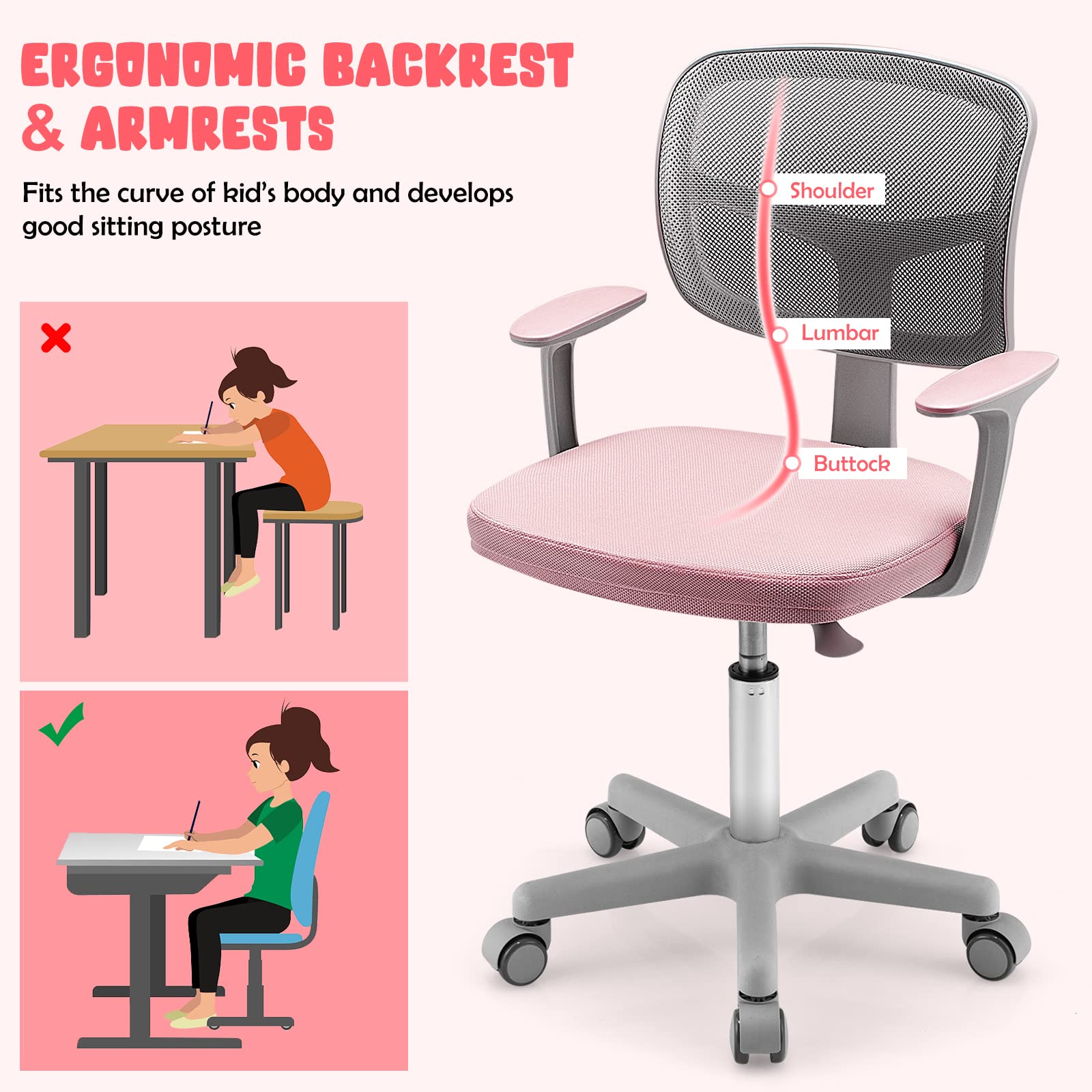 Swivel Adjustable Mesh Study Chair with Wheels & Arms, Ergonomic Computer Task Chair with Lumbar Support