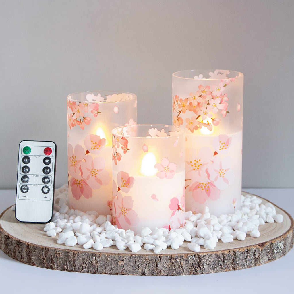 Cherry Blossoms LED Battery Operated Real Wax Set of 3 Realistic Wick Electric Pillar Candles,Warm Fire(3 x 4, 5, 6 Inches)