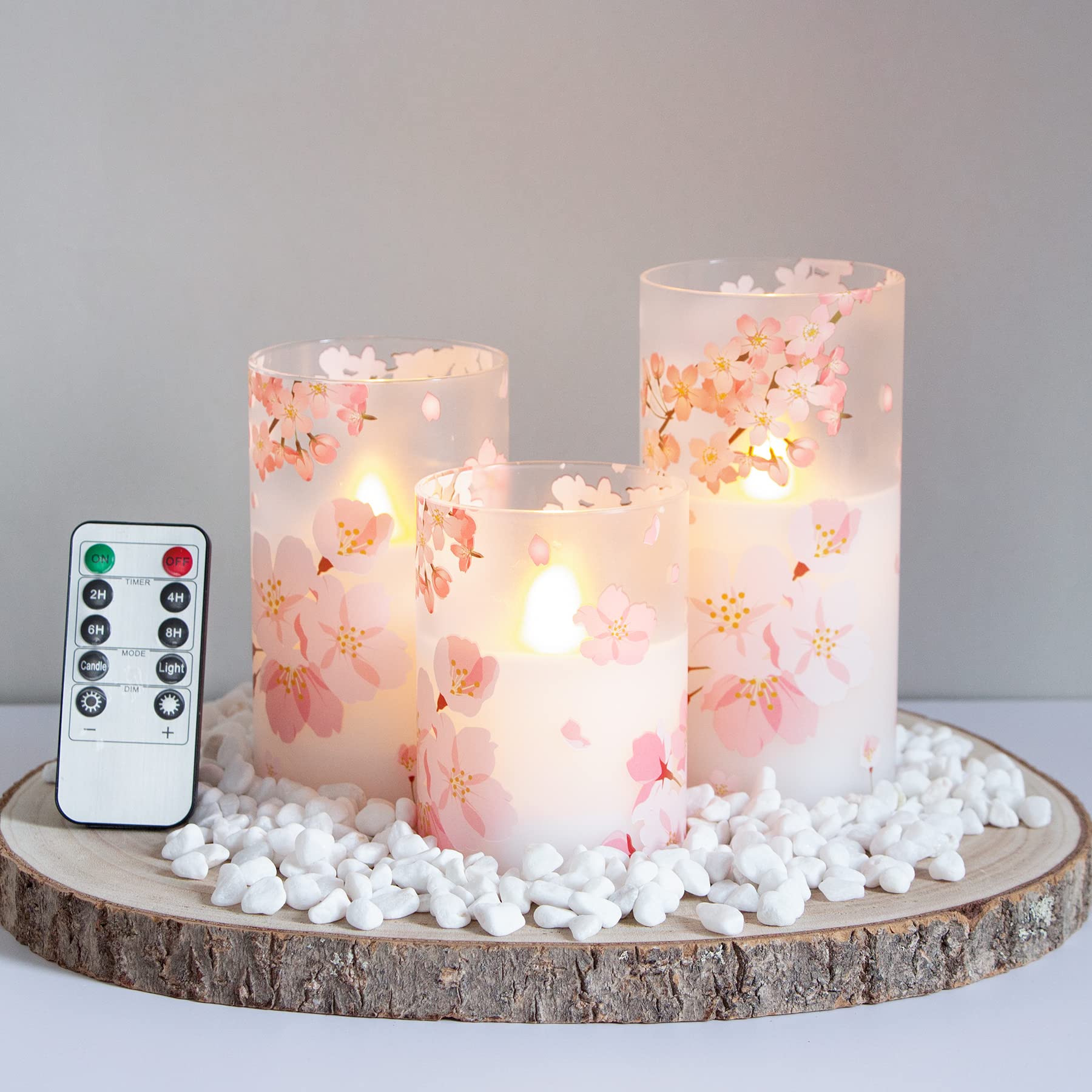 Cherry Blossoms LED Battery Operated Real Wax Set of 3 Realistic Wick Electric Pillar Candles,Warm Fire(3 x 4, 5, 6 Inches)