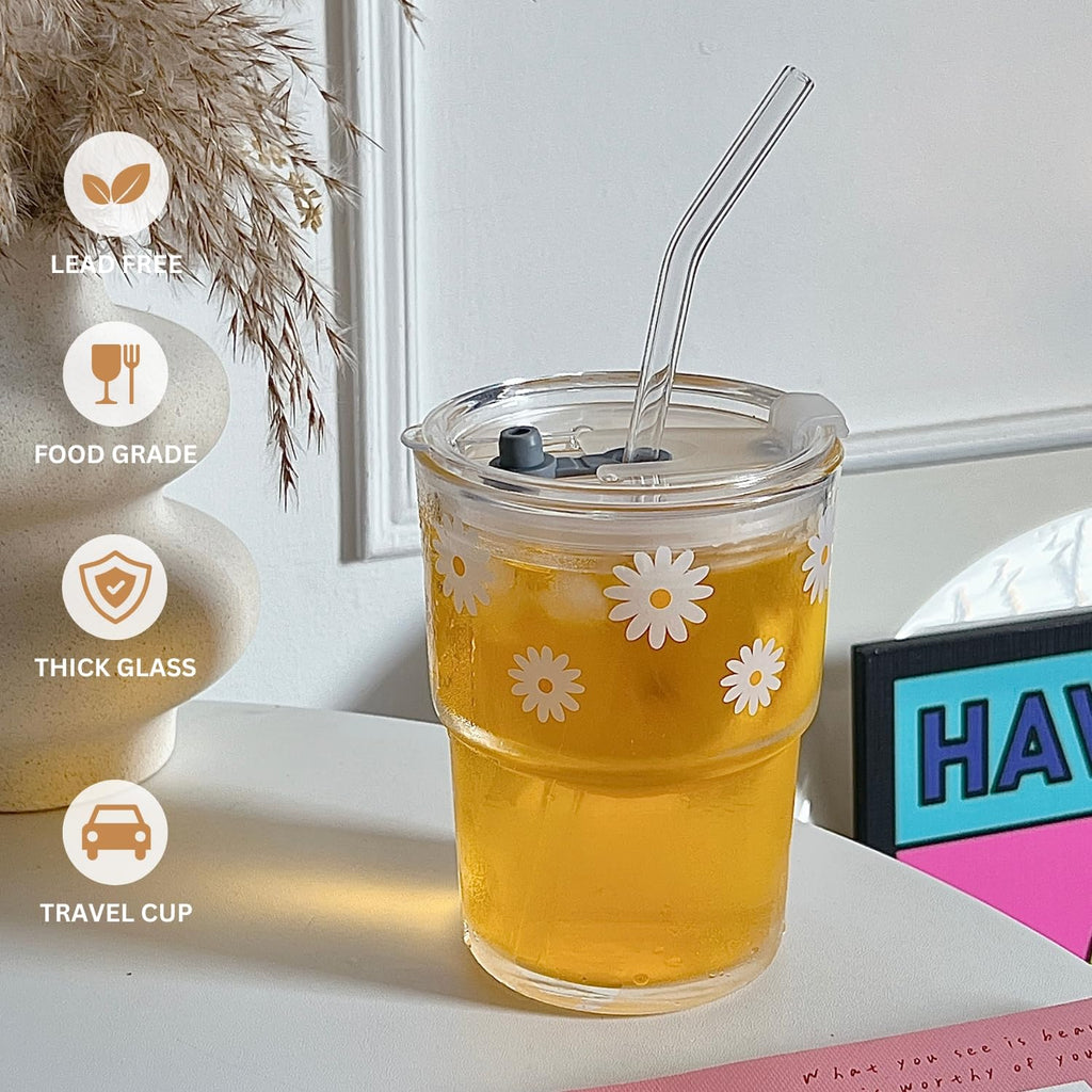 Glass Tumbler with Straw and Lid, Reusable Iced Coffee Cup Tumbler, Cute Glass Cups 13oz