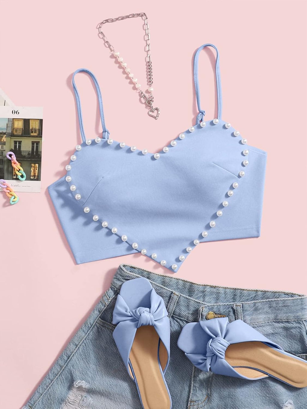 Women's Pearls Sleeveless Asymmetrical Hem Heart Crop Cami Top Sexy Camisole