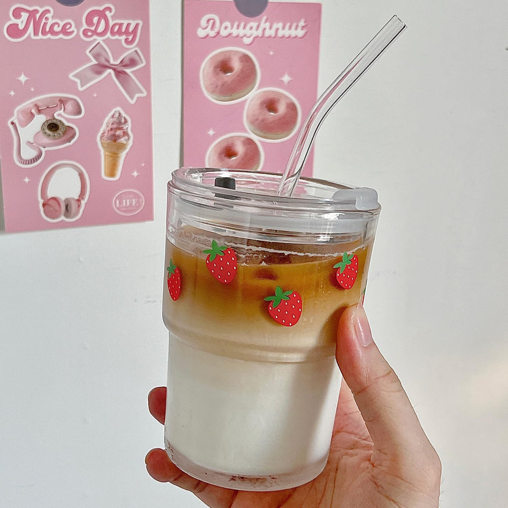 Glass Tumbler with Straw and Lid, Reusable Iced Coffee Cup Tumbler, Cute Glass Cups 13oz