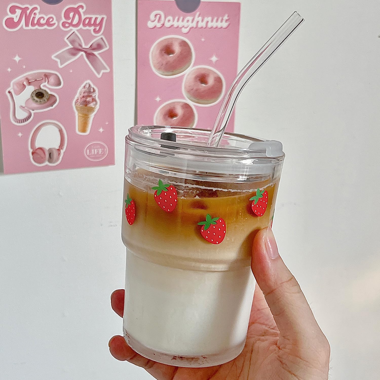 Glass Tumbler with Straw and Lid, Reusable Iced Coffee Cup Tumbler, Cute Glass Cups 13oz