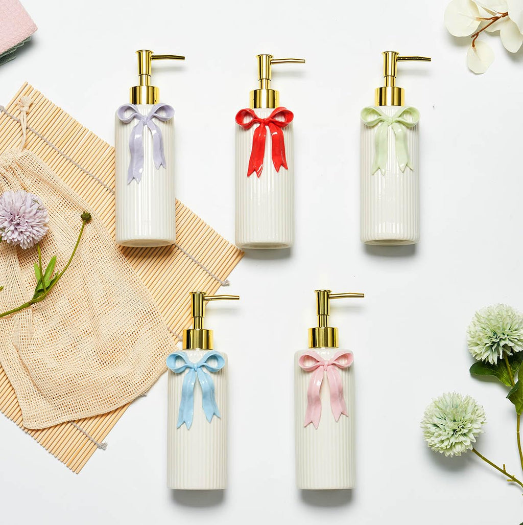 Handmade Ceramic Bow Soap Pump Dispenser Hand Lotion Liquid Dispenser Refillable for Kitchen and Bathroom Decorative