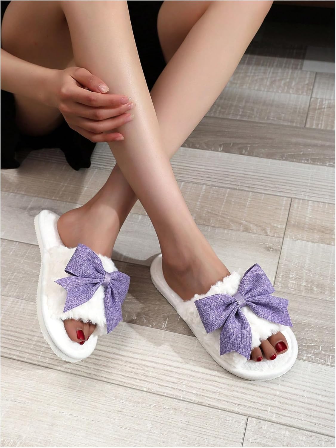 Women's Cute Bow Decor Fuzzy Open Toe Indoor Home Slippers Fashionable Warm Comfy Furry Outdoor Slippers