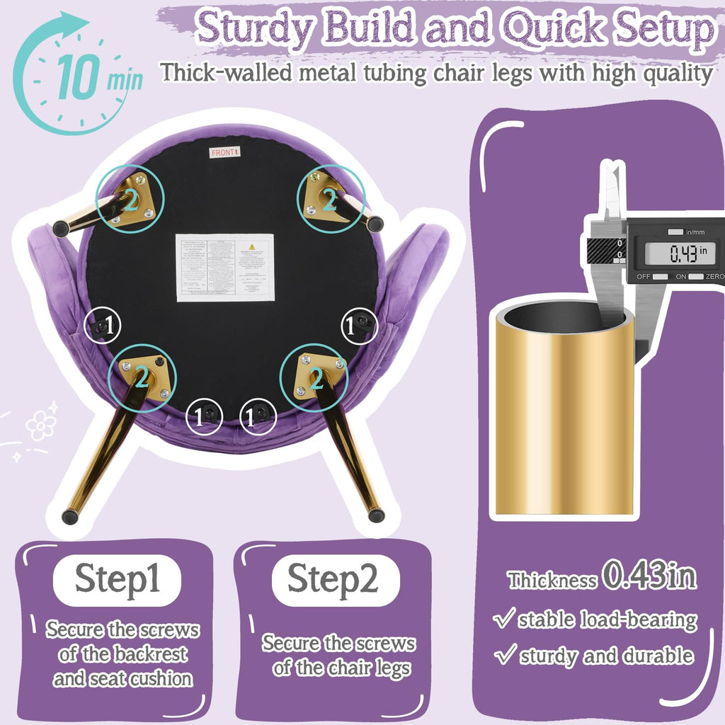 Cute, non-wheeled desk chair with backrest, fluffy cushion, cozy makeup chair with adjustable golden legs