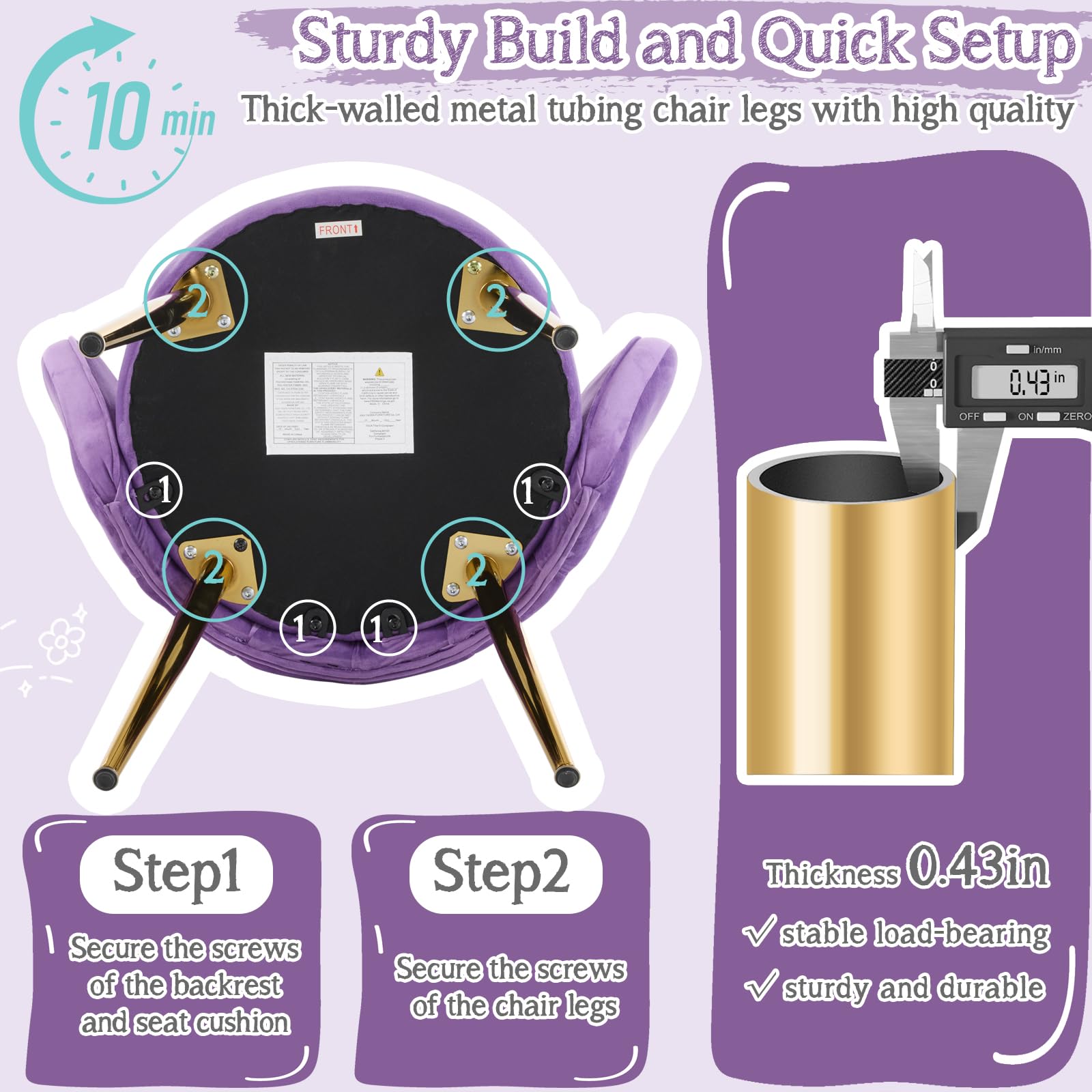 Cute, non-wheeled desk chair with backrest, fluffy cushion, cozy makeup chair with adjustable golden legs