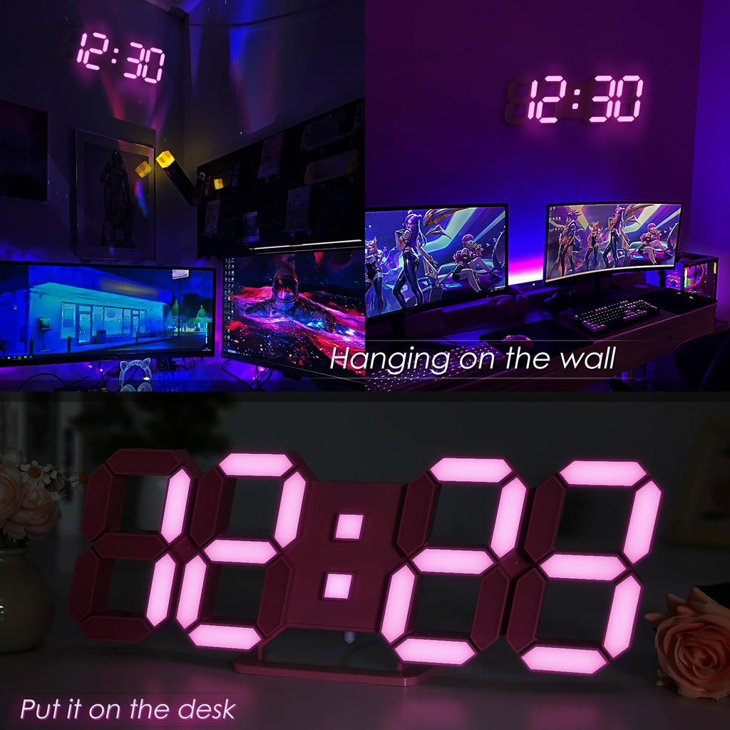 LED 3D Wall Clock 9.7" Clock with Remote/Dimming/12/24H/Temp/Alarm Clock/Date