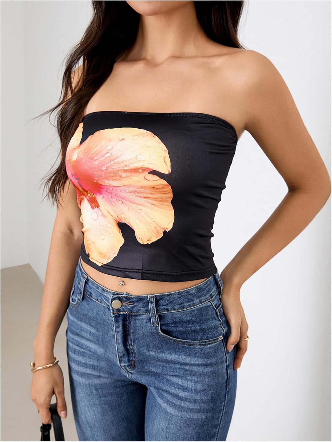 Women's Y2K Floral Tube Top Sleeveless Bandeau Coquette Summer Crop Tops Strapless Tank