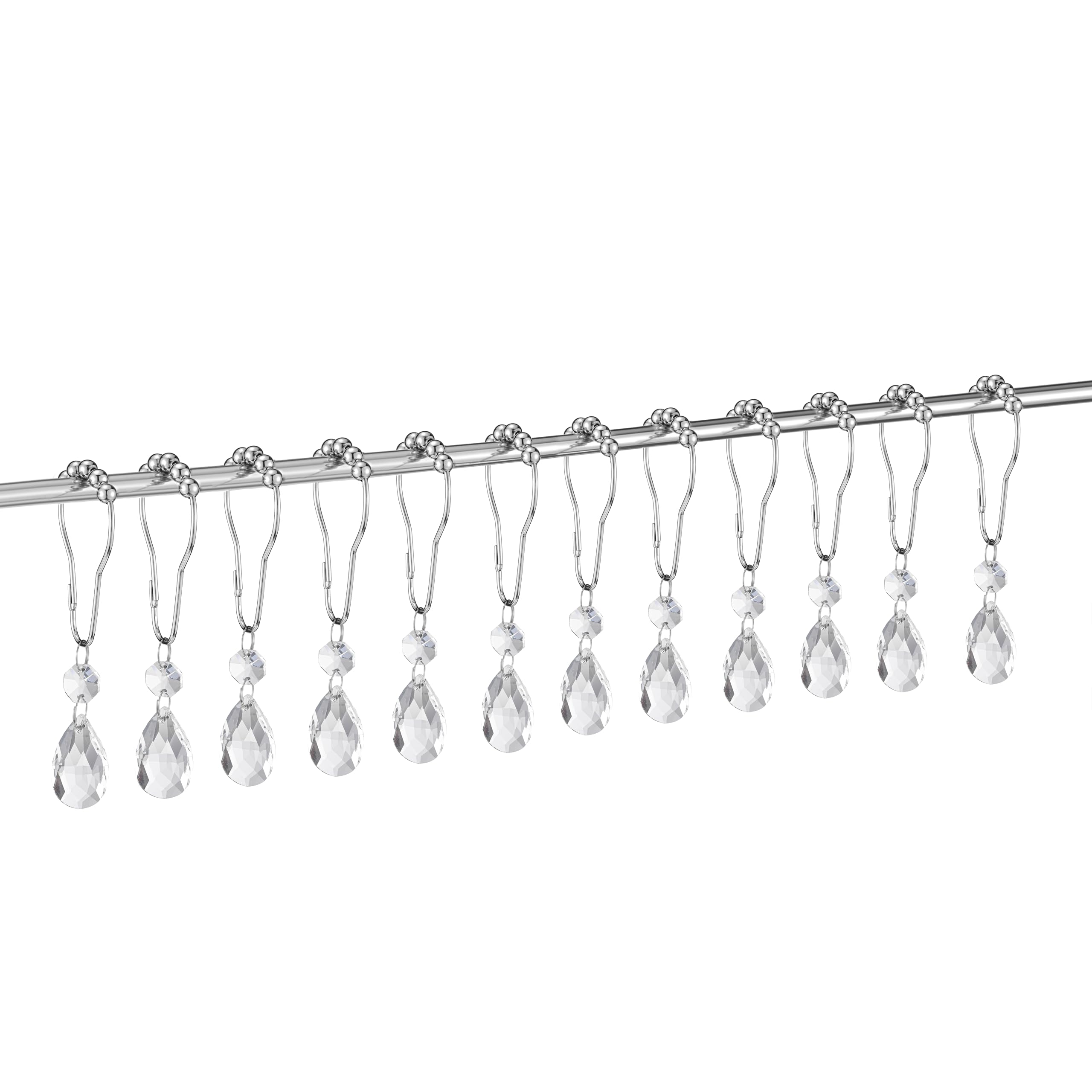 Set of 12 Water Drops Crystal Bead Stainless Steel Rust Resistant Clear Shower Curtain