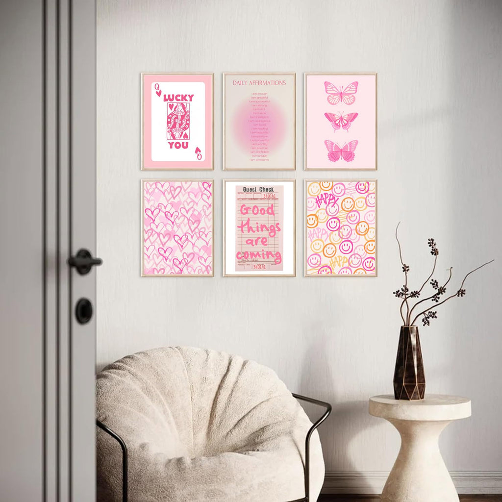 Pink and Orange Preppy Wall Art Queen Poker Halo Angel Digital Poster Tiger Heart You Look Good Yk2 Print Fashion Preppy Canvas Unframed Size: 8x10 inches 6 Pieces