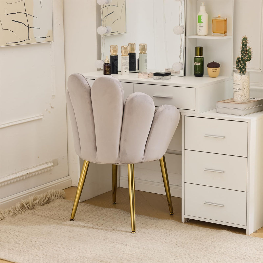 Cute, non-wheeled desk chair with backrest, fluffy cushion, cozy makeup chair with adjustable golden legs