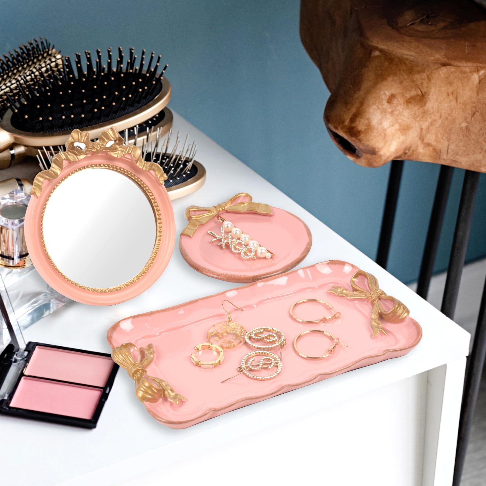 Vanity Tray Coquette Decor - 3 Pcs Decorative Perfume Tray Set, Jewelry Tray & Bow Makeup Mirror & Vanity Tray, Gold Perfume Tray Organizers, Coquette Vintage Decor