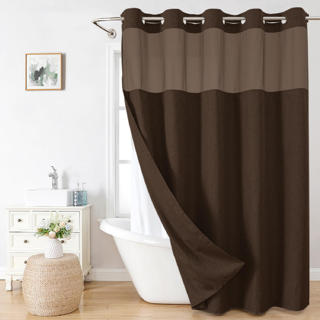 No Hooks Needed Linen Textured Shower Curtain with Snap-in Fabric Liner Set, Luxury Decor Shower Curtains for Bathroom with Mesh Top Window, Waterproof & Washable