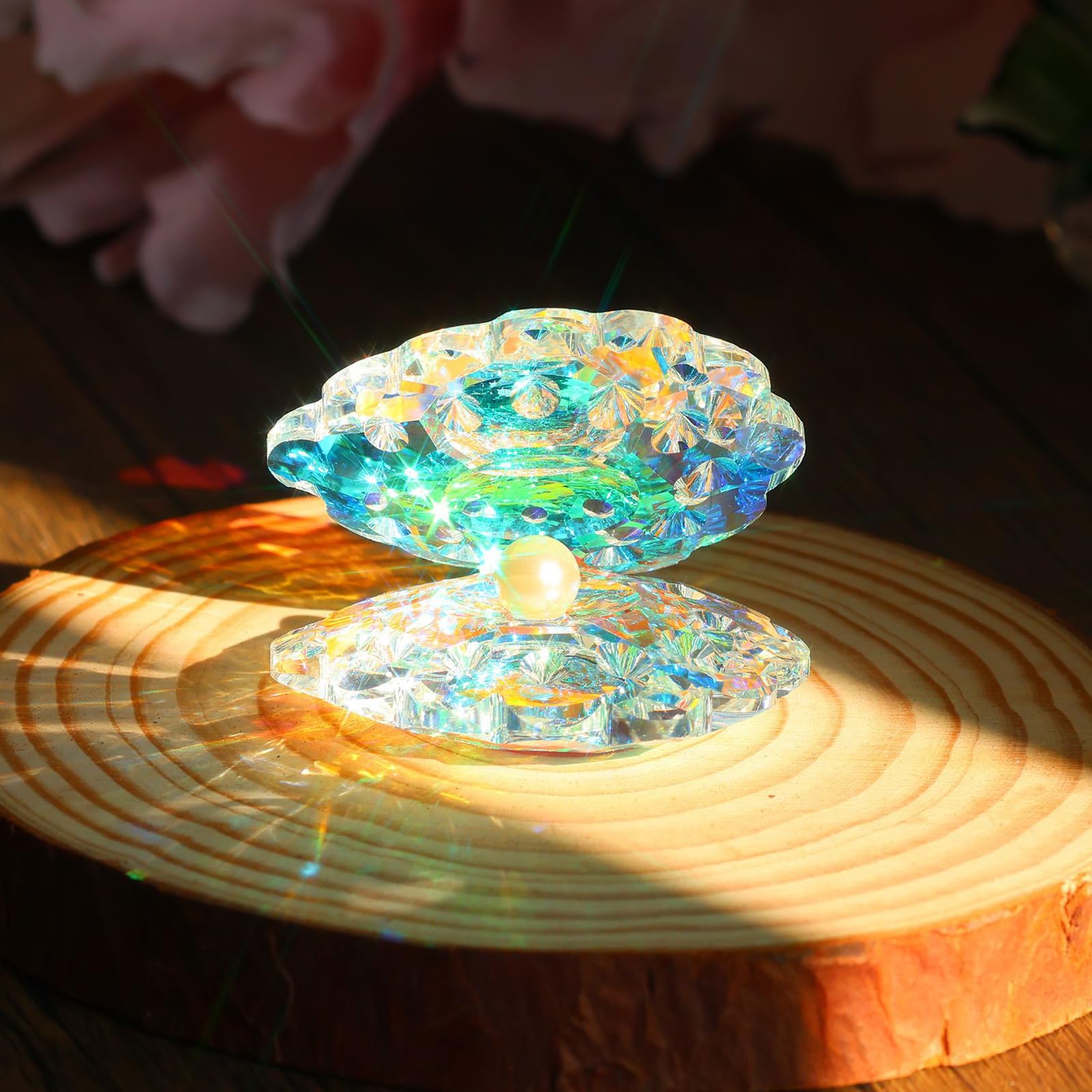 Crystal Glass Figurines Reflective Sea Shell, Glass Shell Figurine with Pearl for Home Decor