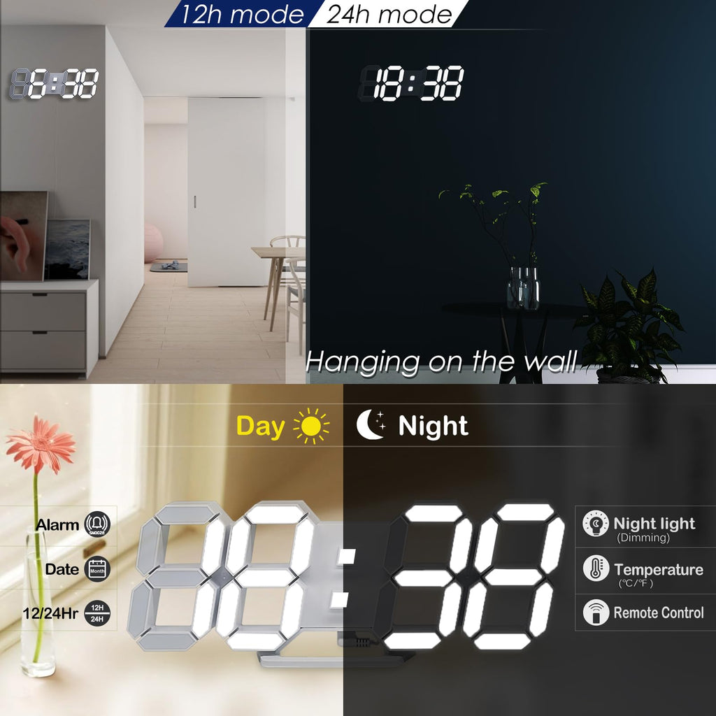 LED 3D Wall Clock 9.7" Clock with Remote/Dimming/12/24H/Temp/Alarm Clock/Date