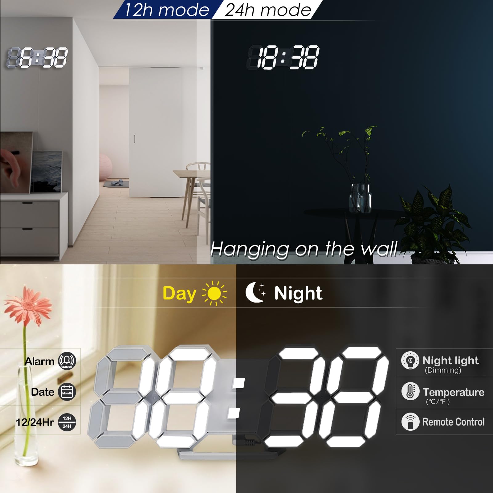 LED 3D Wall Clock 9.7" Clock with Remote/Dimming/12/24H/Temp/Alarm Clock/Date