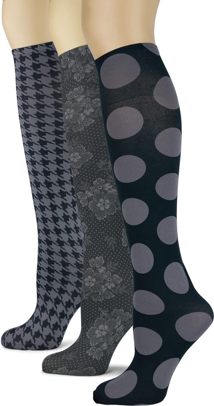 Women's 3 Pairs Knee High Trouser Socks, Classy and Colorful Printed Patterns, Silky Smooth Material