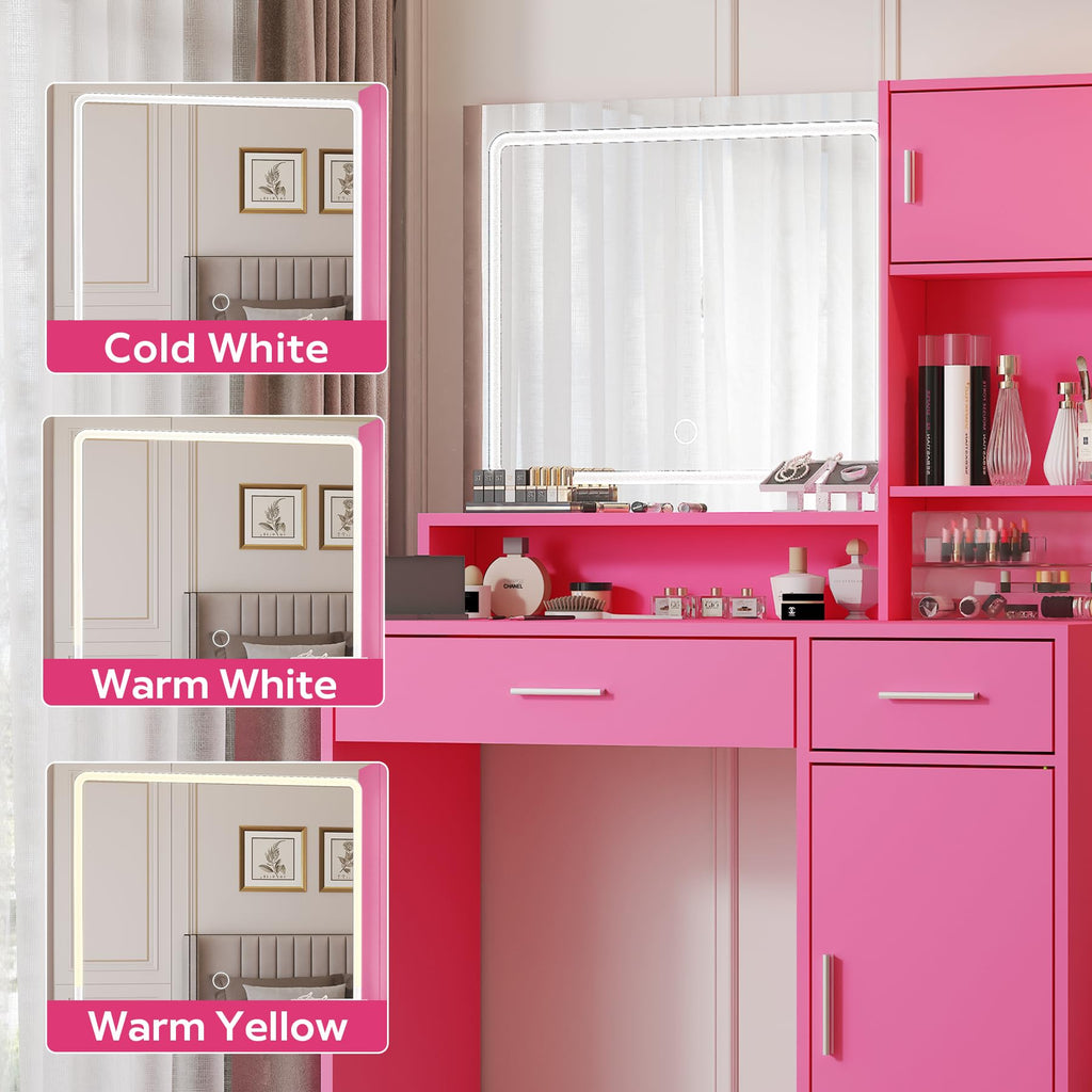 Vanity Desk with Mirror and LED Light Strip,Dressing Table with Large Drawer, 3 Level Storage Dresser & 3 Lighting Modes Adjustable Brightness