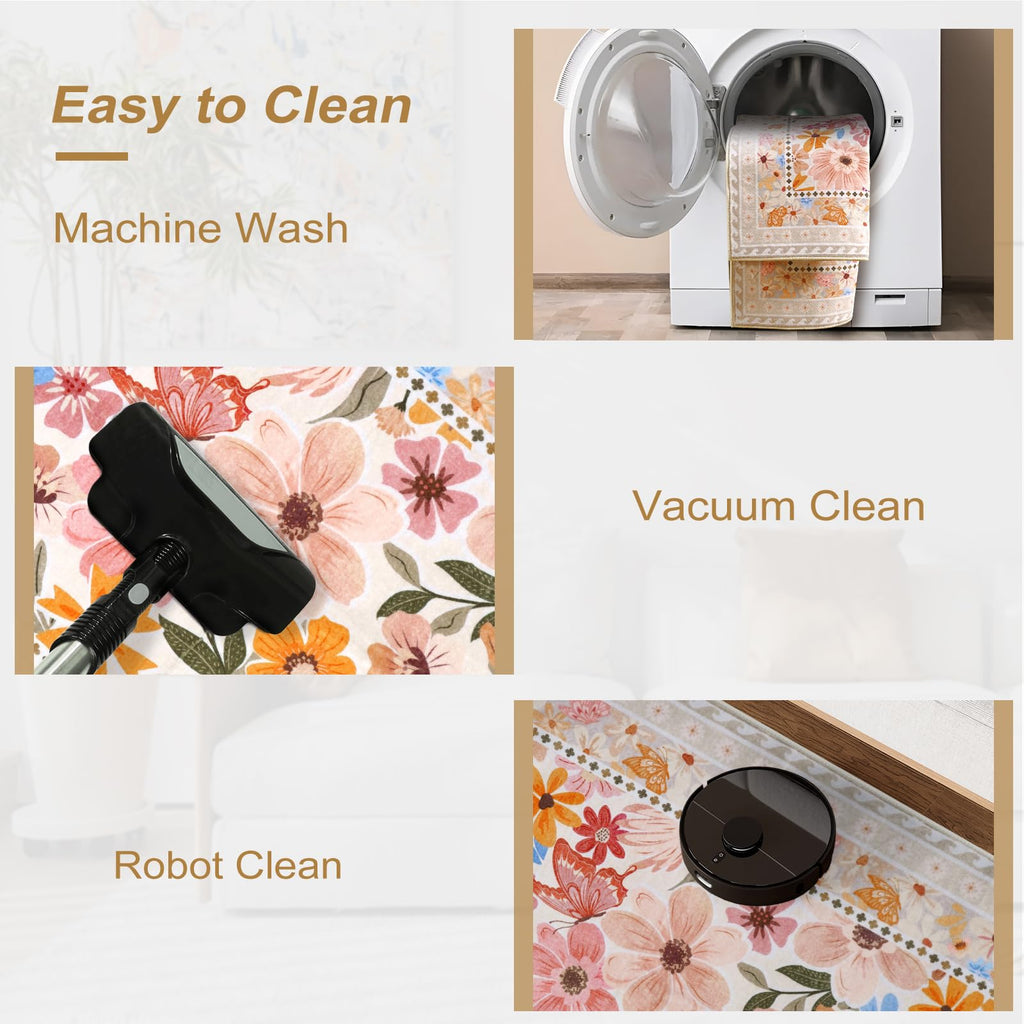 Floral Hallway Runner Rug, Runner Rugs Non Skid Washable, Low Pile Soft Boho Rugs