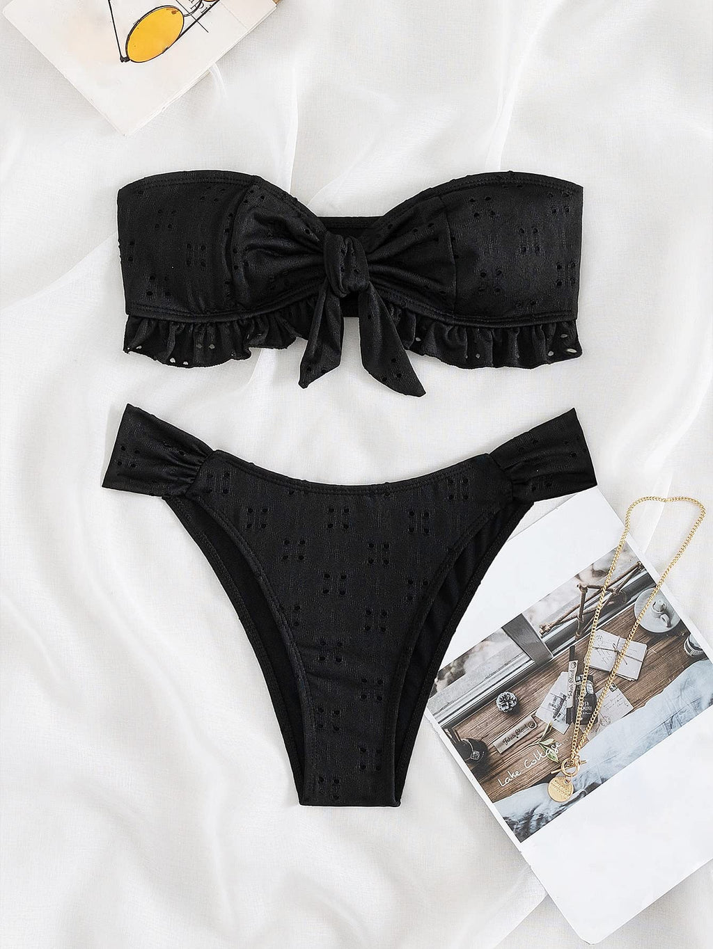 Women's 2 Piece Bathing Suit Ruffle Hem Bandeau Tie Front Bikini Set