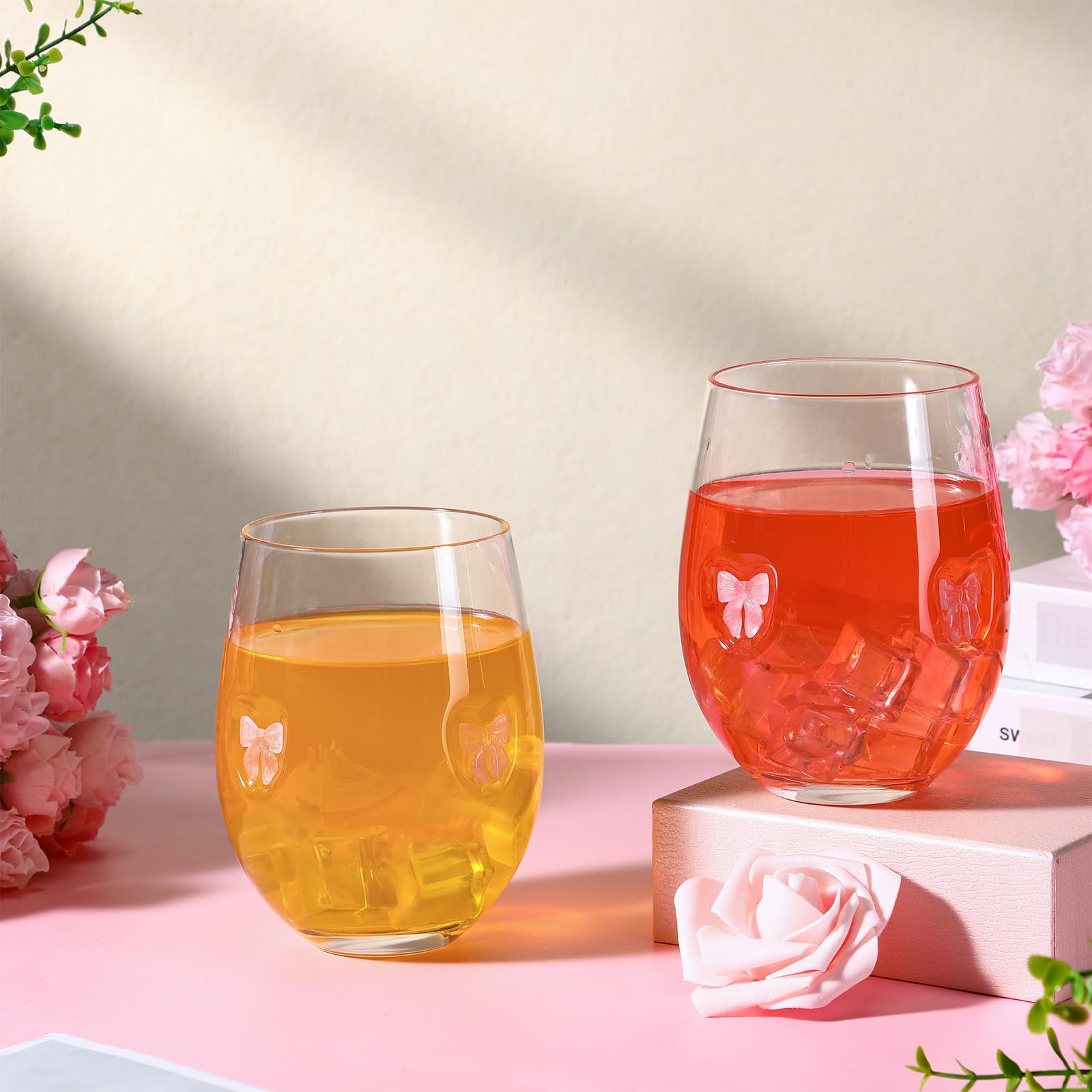 Pink Bow Aesthetic Stemless Wine Glasses 18 oz