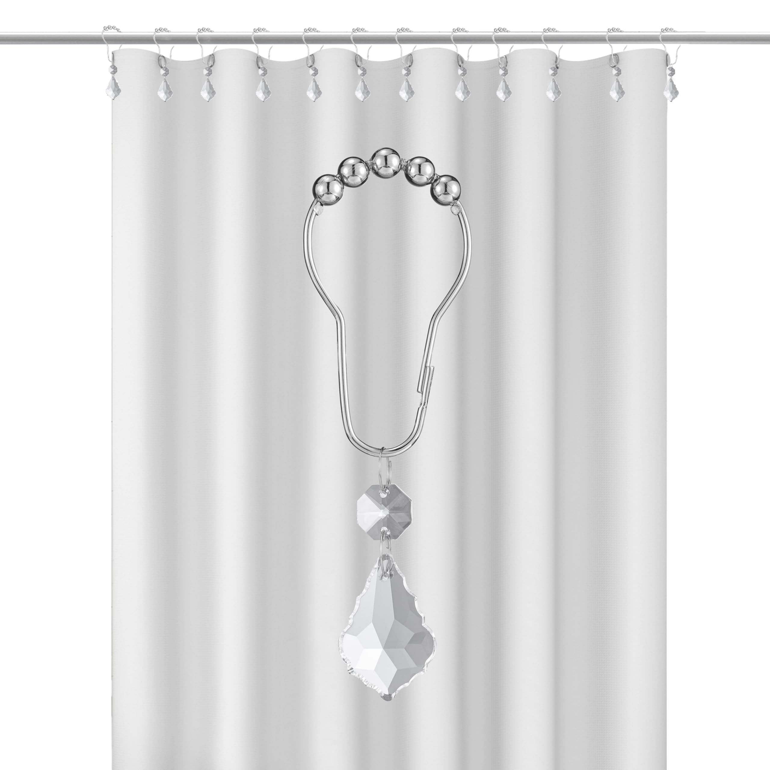 Set of 12 Water Drops Crystal Bead Stainless Steel Rust Resistant Clear Shower Curtain