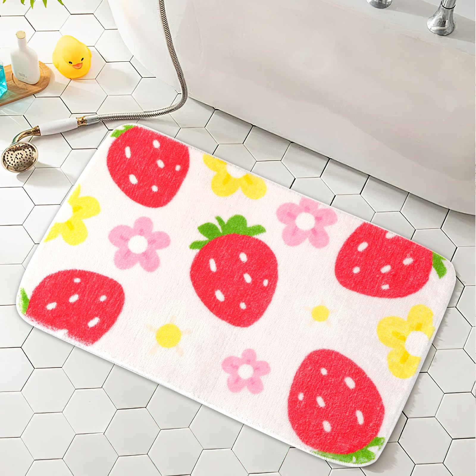 Cute Strawberry Flower Bath Mat, Green Bathroom Rugs Bathroom Accessories, Funny Colorful Non Slip Floor Bath Rug Machine Washable Absorbent Door Mats Tub Shower Bath Rug