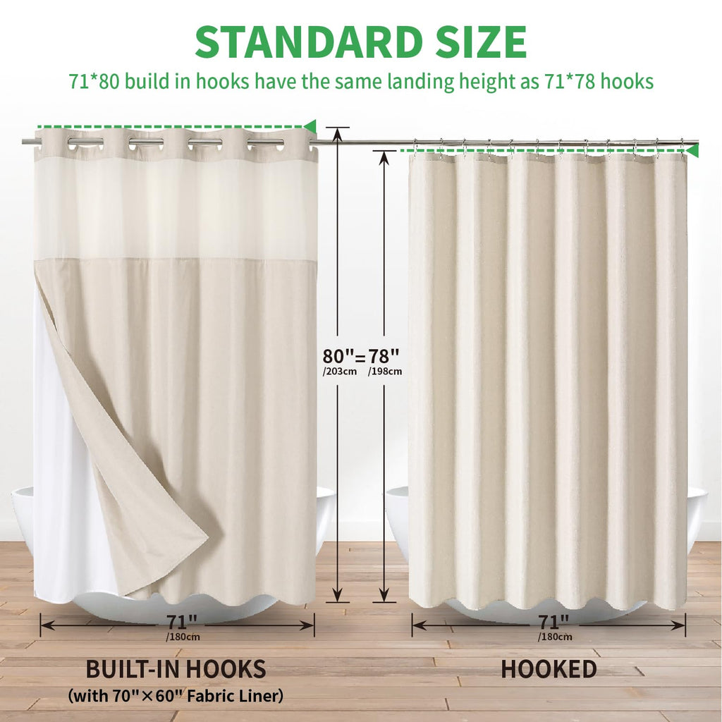 No Hooks Needed Linen Textured Shower Curtain with Snap-in Fabric Liner Set, Luxury Decor Shower Curtains for Bathroom with Mesh Top Window, Waterproof & Washable