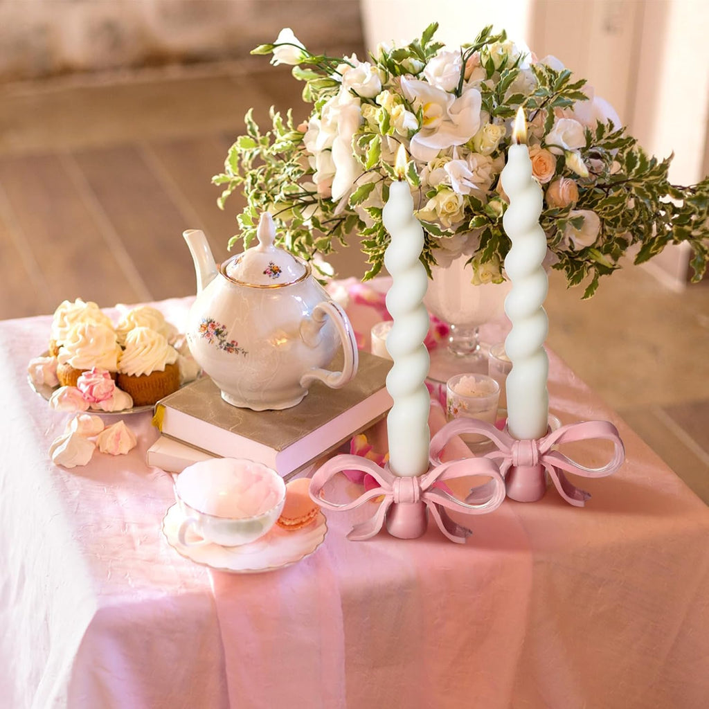 3 Pcs Pink Bow Candle Holder Coquette Bow Taper Candlestick Holder Modern Style Resin Decorative Candle Stand Centerpiece