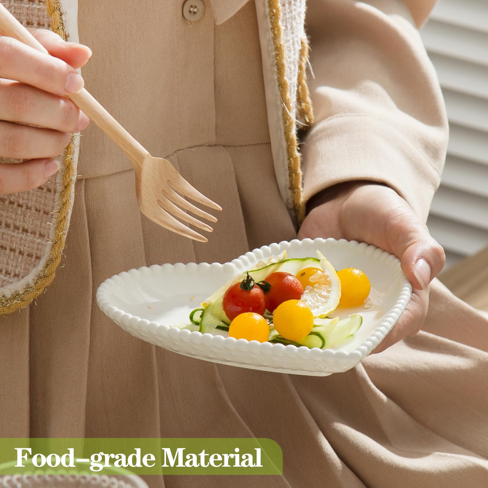 Porcelain Dessert Plates Set of 8, Heart Shaped Appetizer Plates, White Salad Dinnerware Set, White with Pearl Dots 7.5 Inch