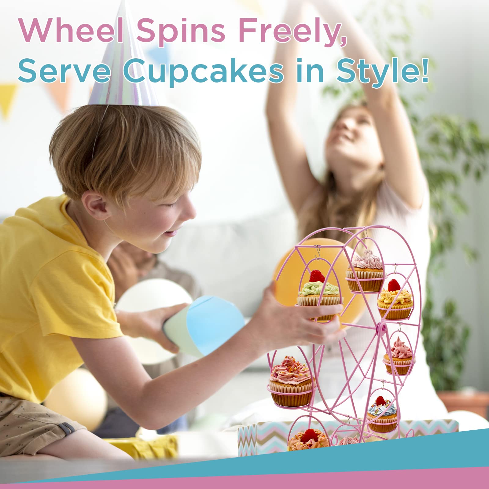 Ferris Wheel Cupcake Stand - Decorative Cupcake Holder for Parties - Spinning Display for Serving Pastry, Treats & Desserts - Easy-to-Clean, Fits 8 Medium Cupcakes - 14x4x17