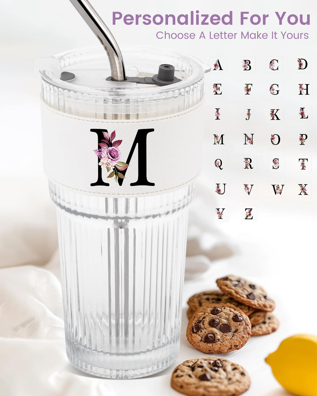 Initial Glass Cup with Lid Straw Ribbed Ice Tea Clear Tumbler Her Sister Coffee Matcha Latte Girlfriend Gf Aunt Best Friend Friendship Bestie Wife Cute Asthetic Unique Birthday Personalized Gift K