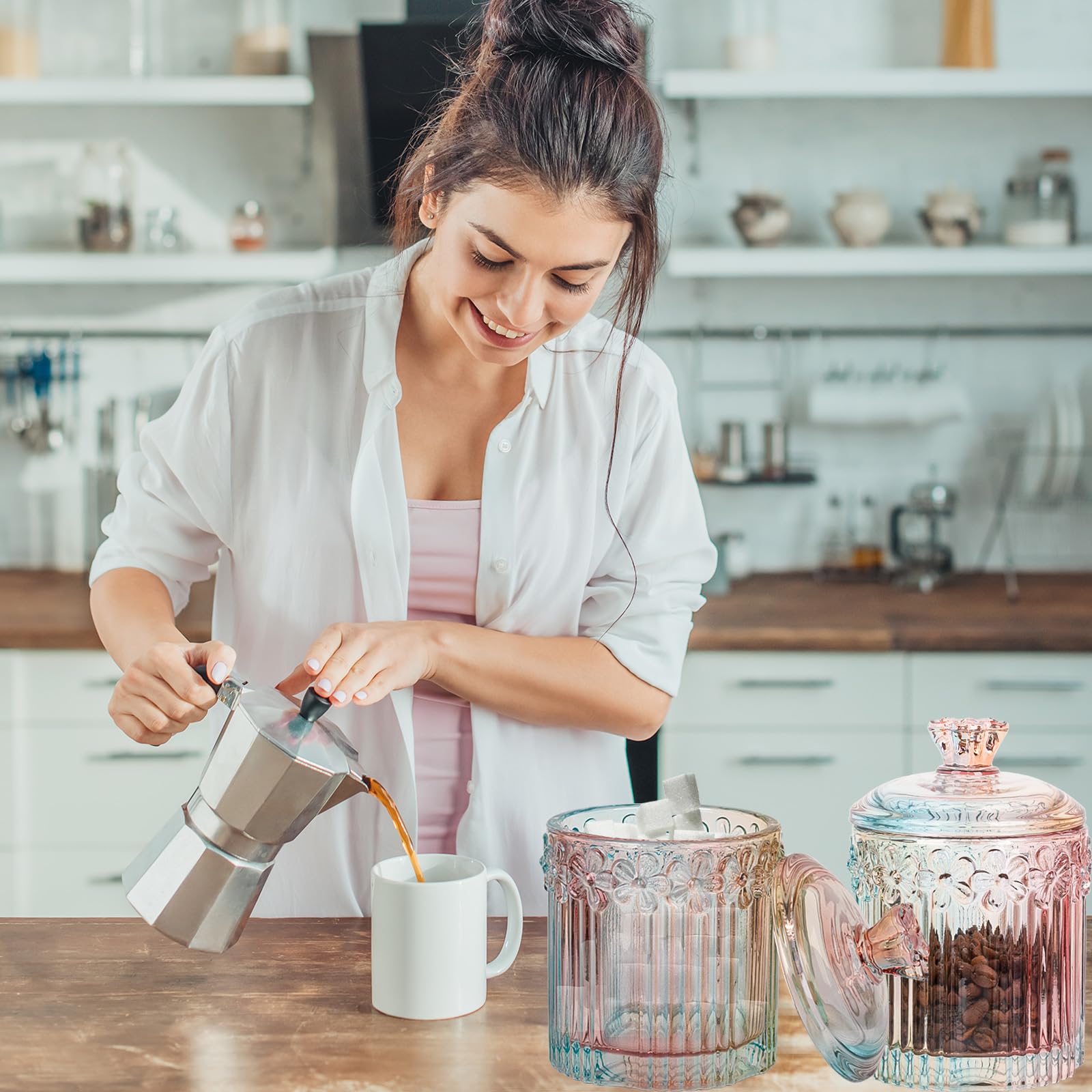 Qtip Holder Glass Apothecary Jars with Lids Set Bathroom Canisters Dispenser Organizers and Storage for Cotton Swabs, Balls, Pads, Floss Picks, Candy 2 Pack
