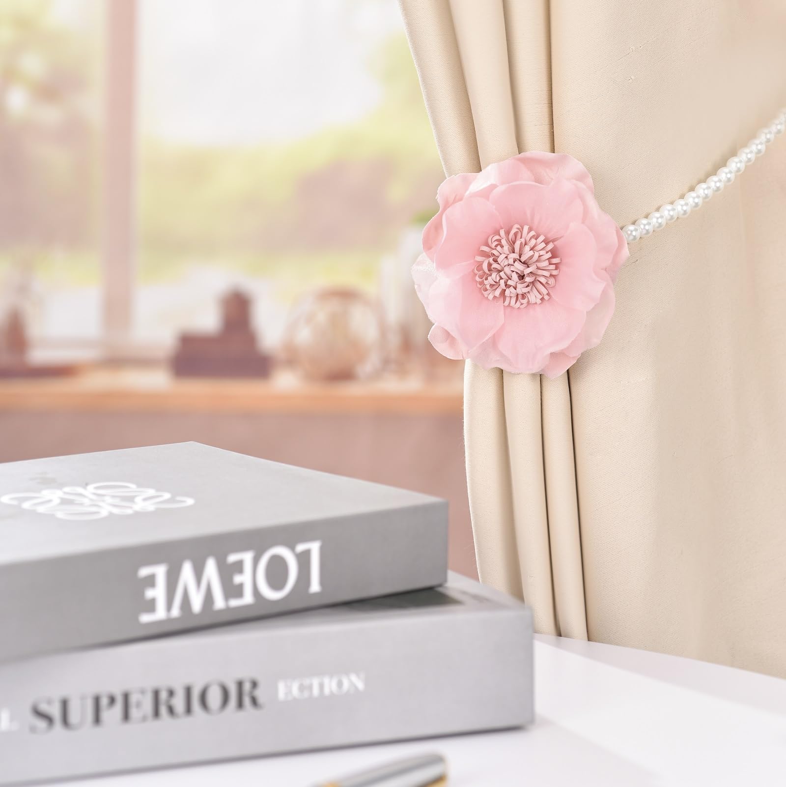 Elegant Pearl Magnetic Curtain Tieback with Handmade Flower Decorative Drapery Holdbacks Rope Holder