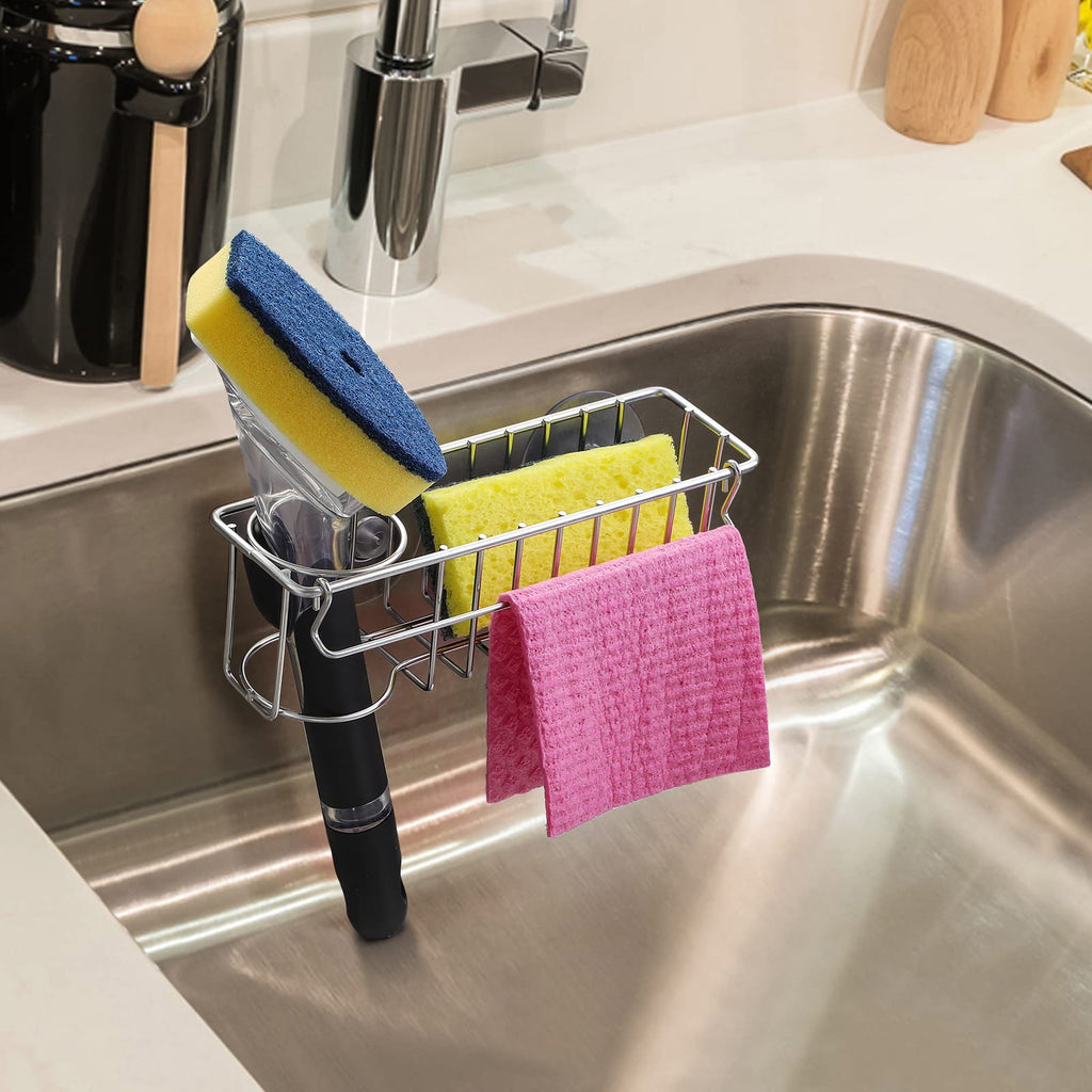 Sponge Holder for Kitchen Sink with Suction Cups & Adhesive Hook, In-sink Sponge Holder, Wall Hanging Sink Caddy Organizer Rack 3-In-1