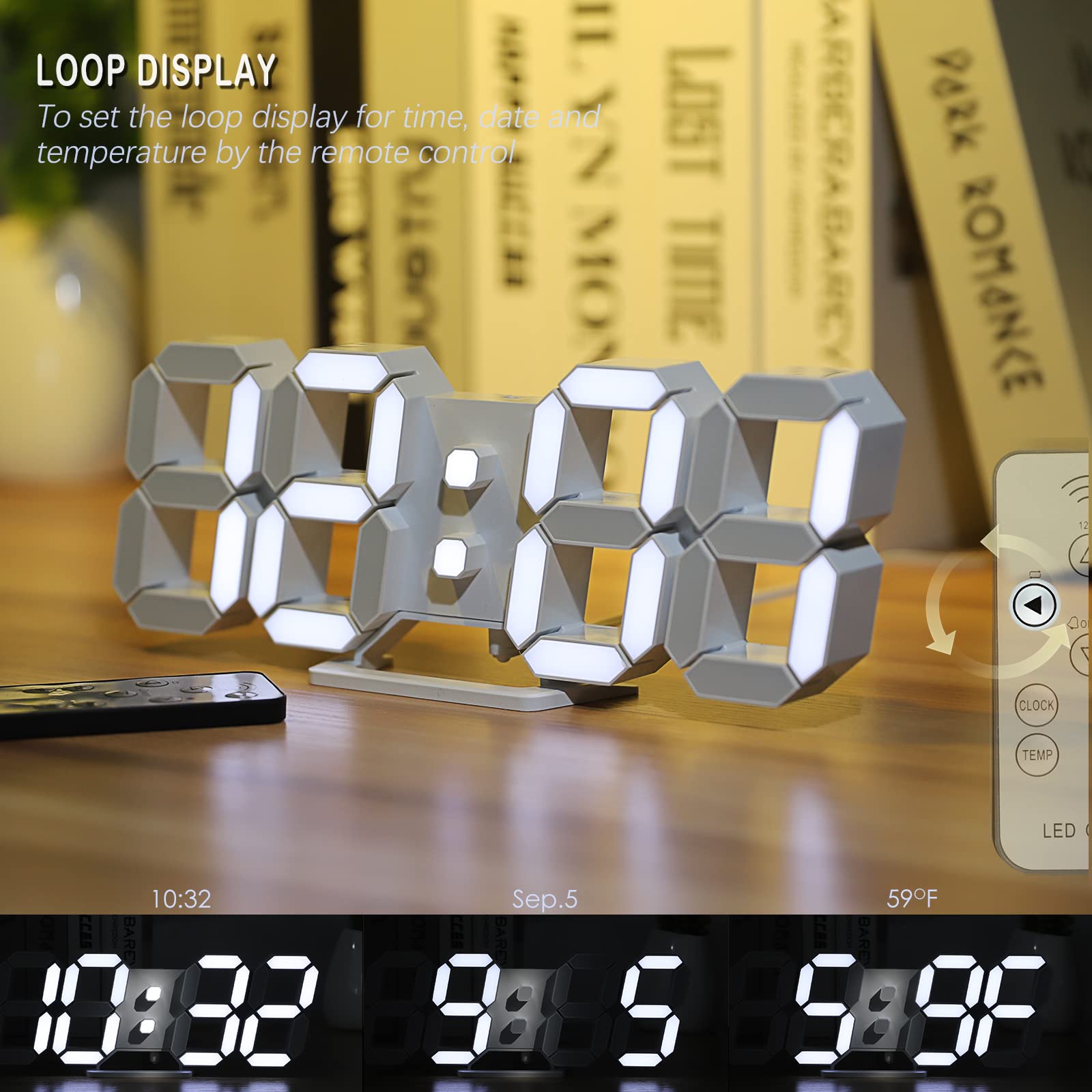 LED 3D Wall Clock 9.7" Clock with Remote/Dimming/12/24H/Temp/Alarm Clock/Date