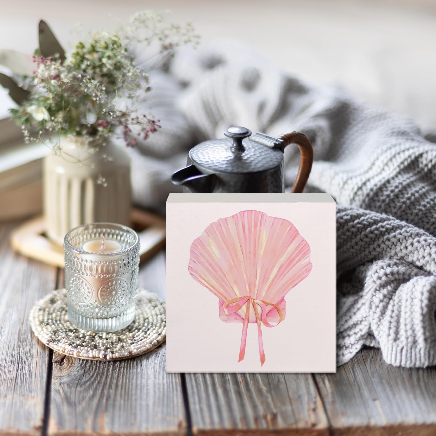 Coquette Pink Bow Champagne Wooden Box Sign, 5x5 Inch