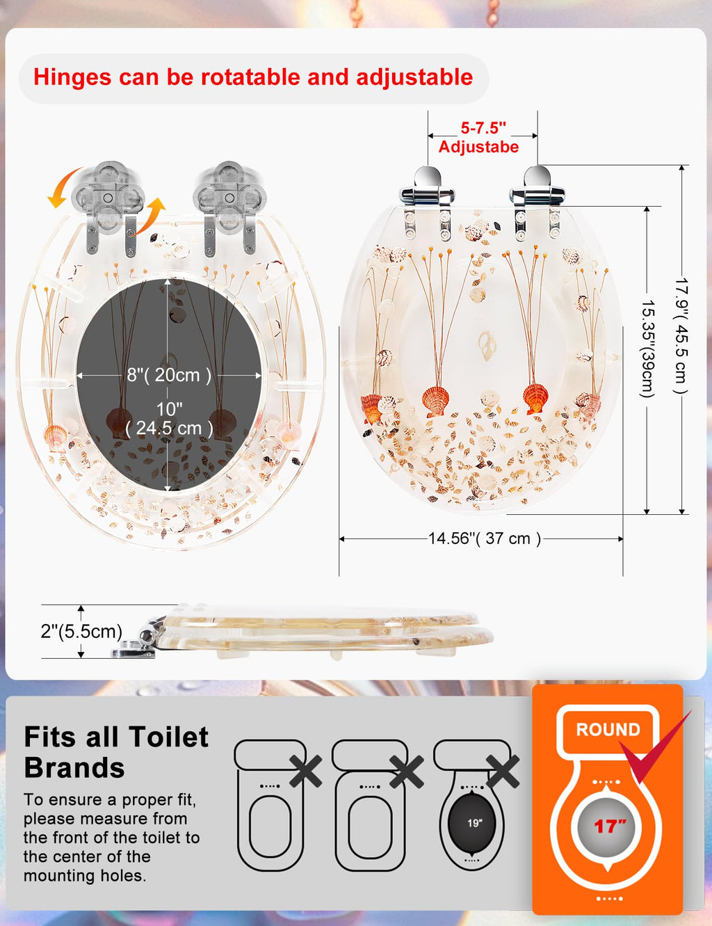 Round Resin Toilet Seat Glitter Soft Close Quick Release Metal Zinc Alloy Hinge Easy to Install also Easy to Clean, Decorative Acrylic Seats (17 Inch)