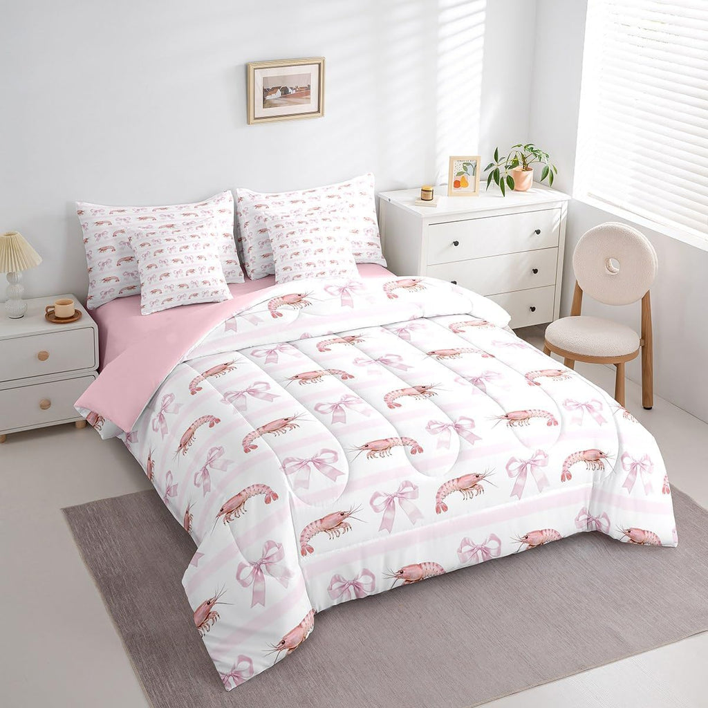 Princess Style Pink Bowknot Comforter Bedding Set, Bow Tie Pink White Dreamy Fairy Tale Bow (Comforter+Fitted+Flat Sheet+2 Pillowcases+2 Throw Pillow Covers) 7 Pieces Bed Set