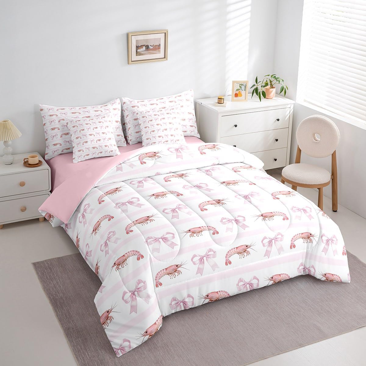 Princess Style Pink Bowknot Comforter Bedding Set, Bow Tie Pink White Dreamy Fairy Tale Bow (Comforter+Fitted+Flat Sheet+2 Pillowcases+2 Throw Pillow Covers) 7 Pieces Bed Set