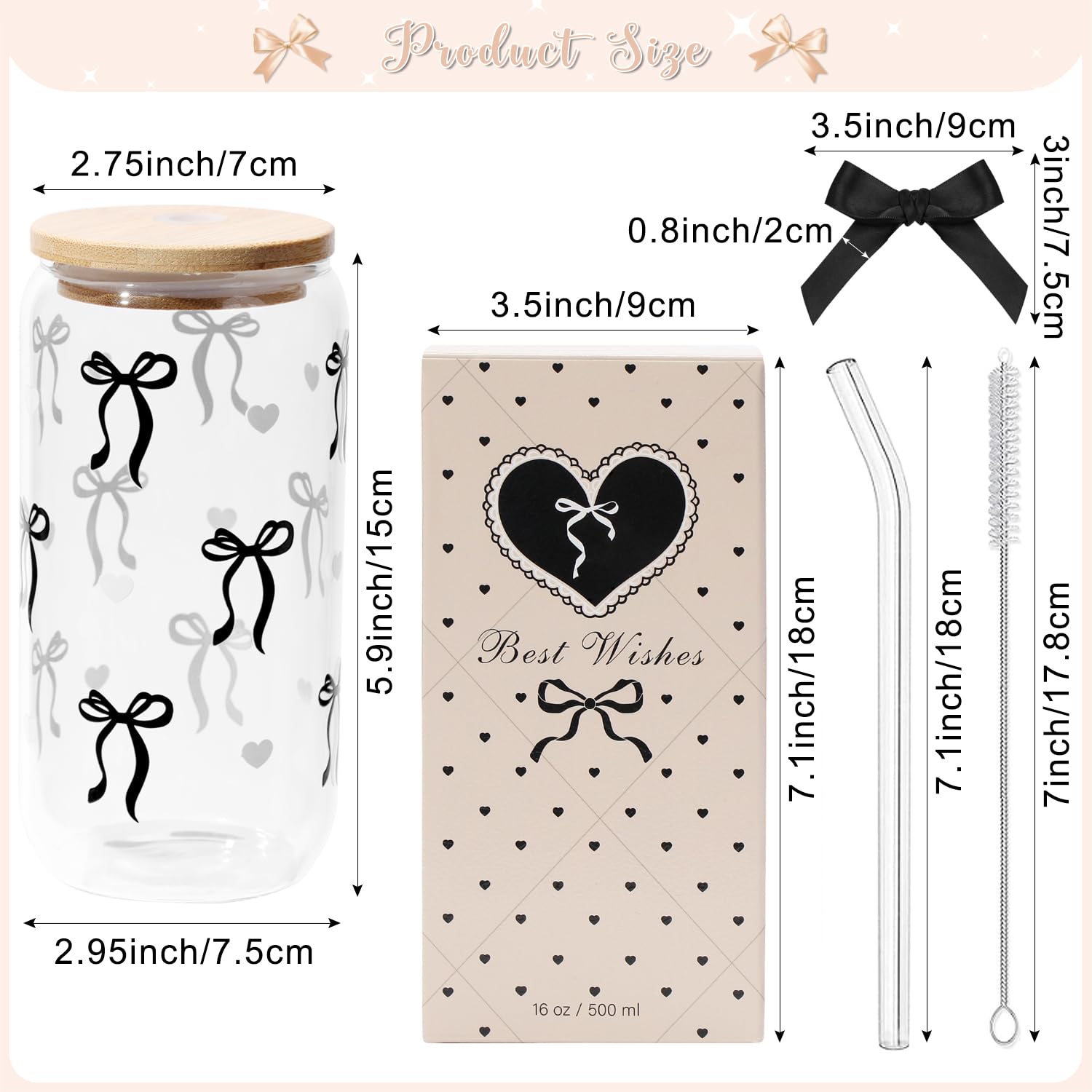 Coquette Black Bow Aesthetic Cup With Gift Box 16oz Glass Cup with Lids Straws and Black Bow Iced Coffee Smoothie Cute Tumbler with Cleaning Brush