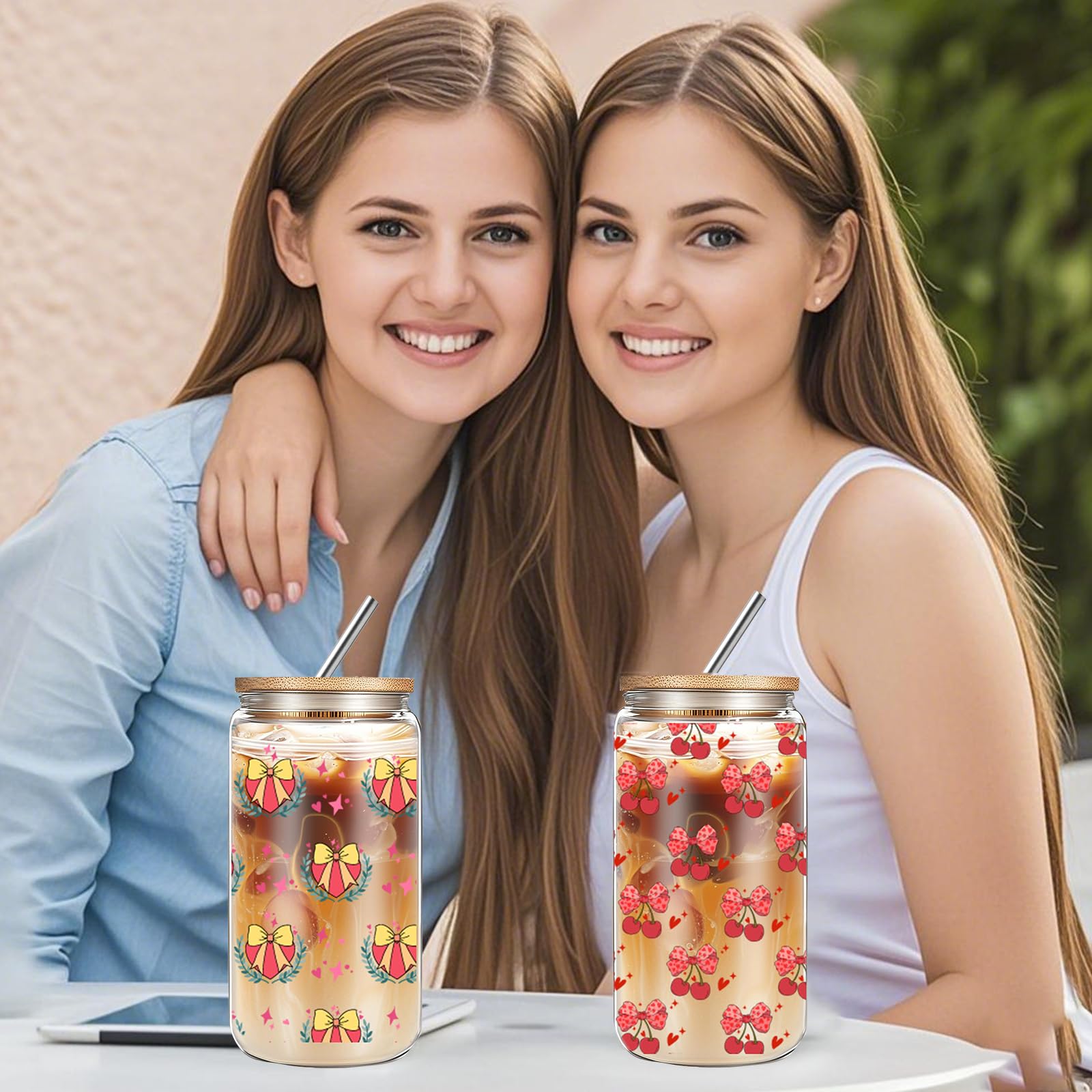 Cute 16oz Glass Cups with Lids and Straws, 2 Pack