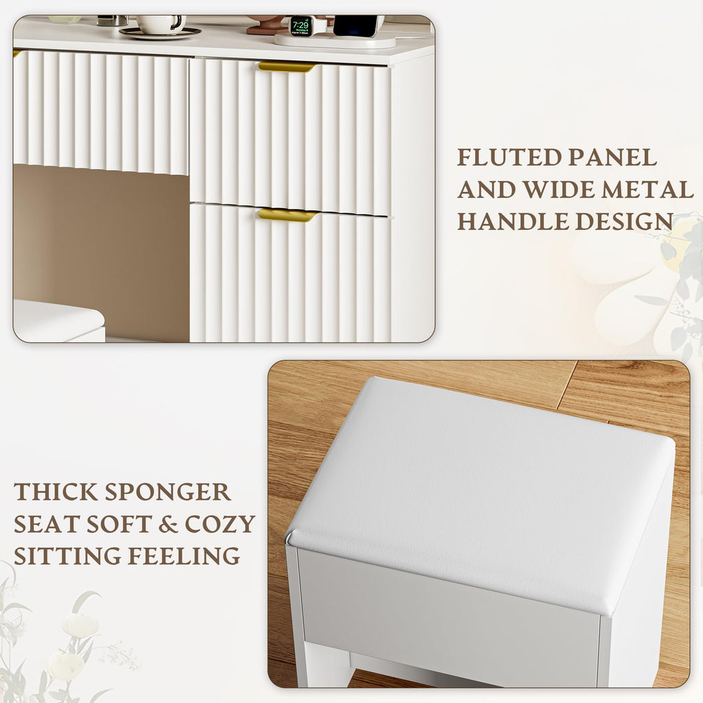 Makeup Vanity Desk with Mirror, Fluted Panel, Large LED Mirror, 3 Lighting Modes & Adjustable Brightness, Charging Station, Dressing Table with Stool