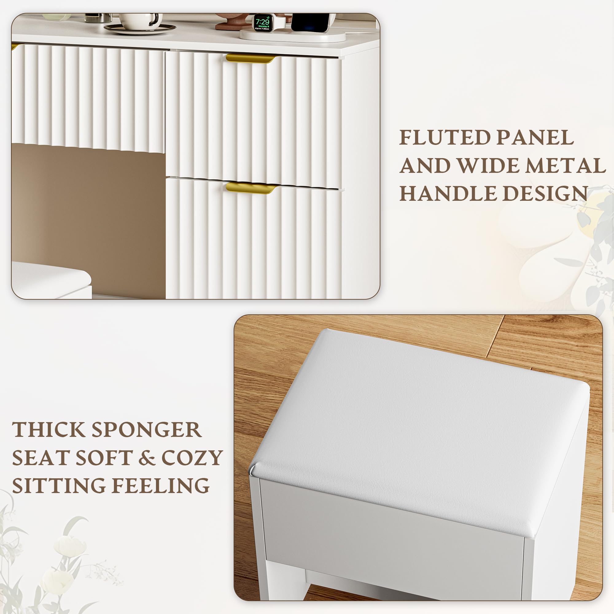 Makeup Vanity Desk with Mirror, Fluted Panel, Large LED Mirror, 3 Lighting Modes & Adjustable Brightness, Charging Station, Dressing Table with Stool